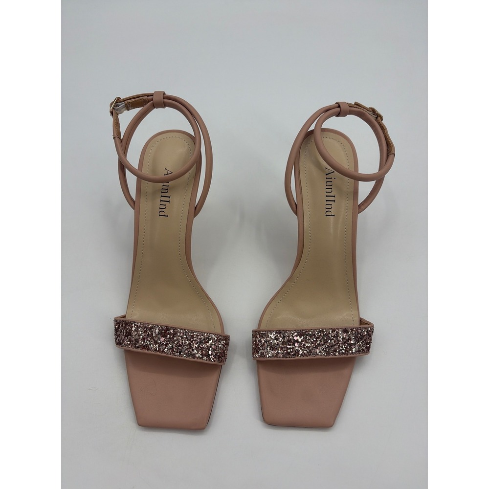 Aiunllnd Womens Blush Pink Glitter Square Toe Ankle Strap Stiletto Heels Size 10